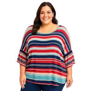Ruby Road Multicolor Stripe Boat Neck Dolman Ruffled Sleeve Top Womens 2X NWT